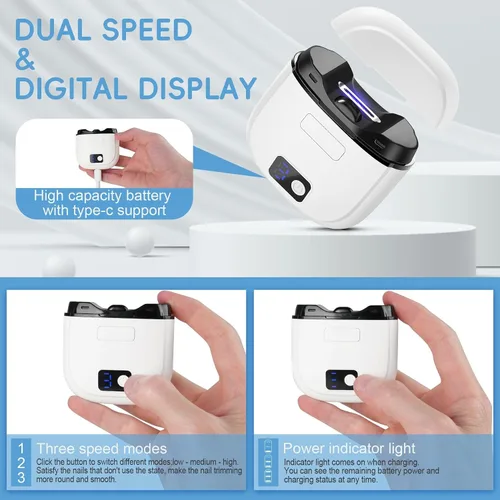 Vista 3 de Juego de lima y cortaúñas eléctrica, recargable por USB con 3 velocidades, pantalla LCD y estuche de almacenamiento, recortadora de uñas segura
