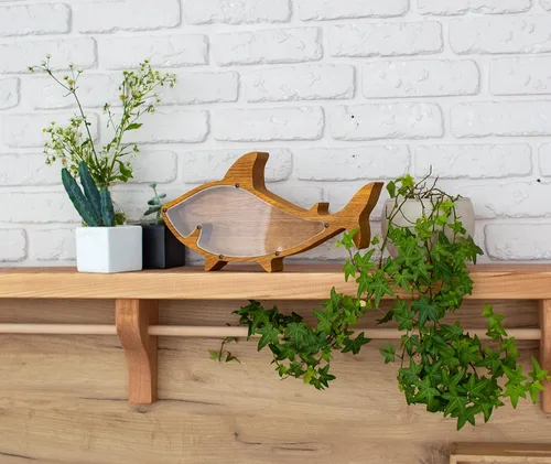 Vista 9 de Alcancía de tiburón – Alcancía de madera hecha a mano por expertos para niños, niñas y adultos Madera de roble duradera con vidrio orgánico