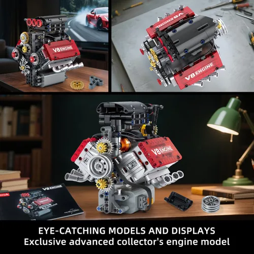 Vista 4 de Juego de construcción de motor V8, kit de modelo de motor V8 que funciona, construye tu propio kit de motor STEM Mini V8 con batería y motor, motor