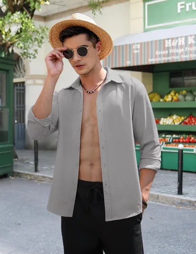 Vista 3 de COOFANDY Camisas de lino de manga larga con botones para hombre
