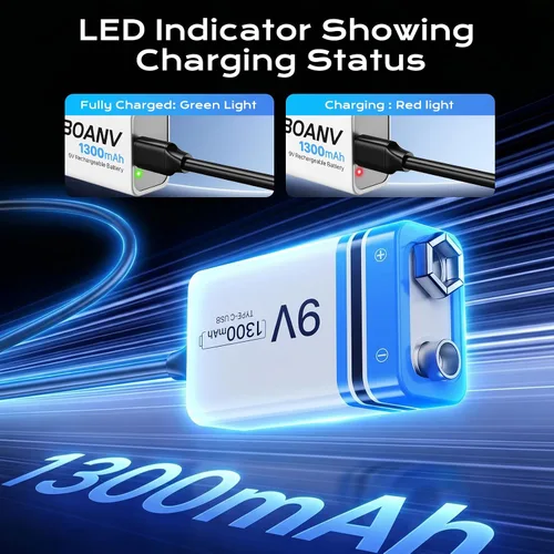 Vista 4 de 2 baterías recargables de 1300 mAh 9 V, batería recargable de litio USB de larga duración con cable de carga 2 en 1, para detectores de humo