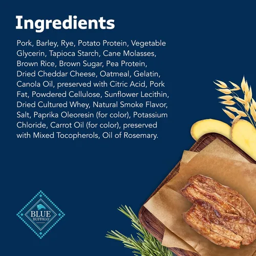 Vista 5 de Blue Buffalo Sizzlers Golosinas para perros estilo tocino con cerdo real de Estados Unidos, sabor cheddar, bolsa de 15 onzas