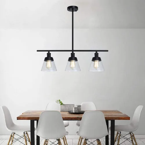 Vista 7 de Fivess Lighting Iluminación de Isla de Cocina Estilo Granja Negro de 3 Luces, Candelabro Lineal de Vidrio Texturizado Transparente, Varillas