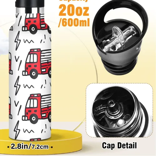 Vista 2 de Kids Water Bottle with Straw for School 20 Oz, Kids Water Bottle Stainless Steel for Travel or School, BPA-Free, Cartoon Fire Trucks