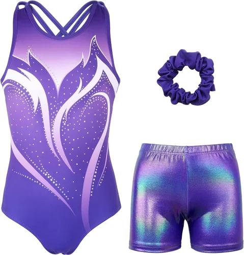 Vista 33 de MODAFANS Leotardos de gimnasia para niñas brillantes para bailar ballet, pantalones cortos con espalda cruzada