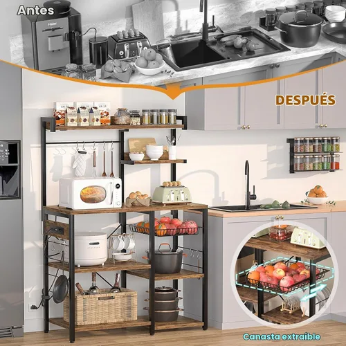 Vista 8 de Aheaplus Estante de panadería con toma de corriente y tiras de luces LED, soporte para horno de microondas, estante de almacenamiento de cocina