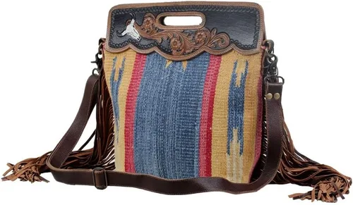 Vista 2 de Bolso cruzado de cuero occidental para mujer, bolso de hombro de lona reciclada con borlas