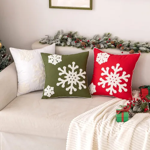 Vista 4 de MIULEE Paquete de 2 fundas de almohada decorativas de Navidad con diseño de copo de nieve, fundas de almohada de lona con bordado de invierno