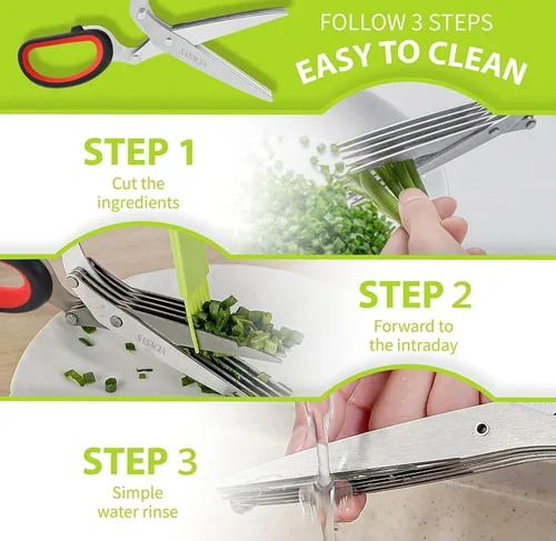 Vista 4 de Tijeras de hierbas con 5 cuchillas y kit de limpieza, tijeras de cocina de acero inoxidable para hierbas, lechuga, cilantro, aptas para Rojo y negro