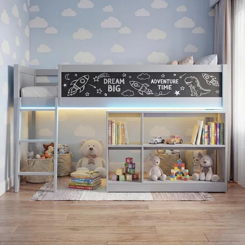 Vista 9 de KOMFOTT Cama baja de tamaño individual con luces LED, marco de cama loft de madera para niños con escalera, barandilla de seguridad de longitud Gris
