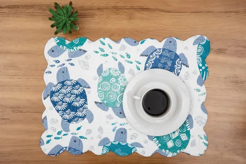 Vista 5 de C&F Home Turtle Bay - Juego de 6 manteles individuales rectangulares acolchados reversibles, color blanco, azul, verde azulado, playa, costero