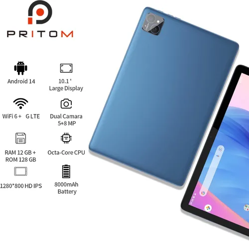 Vista 2 de PRITOM TAB12 Tabletas de teléfono de 10 pulgadas Android 14, WiFi de 5 GHz, Octa-Core, tableta con funda, 128 GB, tableta de red 4G con ranura