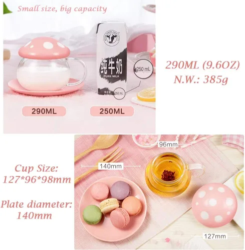 Vista 5 de Juego de Tazas de Té de Hongos, Lindas Tazas de Té de Vidrio y Platillos, Taza de Té Kawaii con Infusor para Colador de Té de Hojas Sueltas, Taza