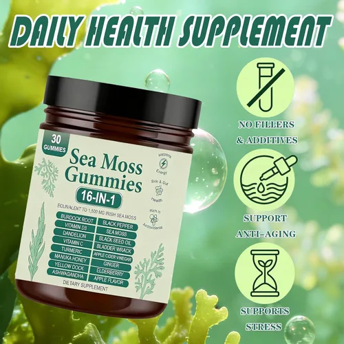 Vista 2 de Gomitas de musgo marino 16 en 1, suplemento orgánico de musgo marino irlandés para apoyo inmunológico, digestión, energía, vegano, sin OMG