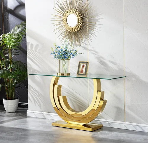 Vista 30 de Mesa auxiliar de cristal dorado de lujo, moderna mesa de centro cuadrada para sofá con base de acero inoxidable con espejo brillante, mesa de noche