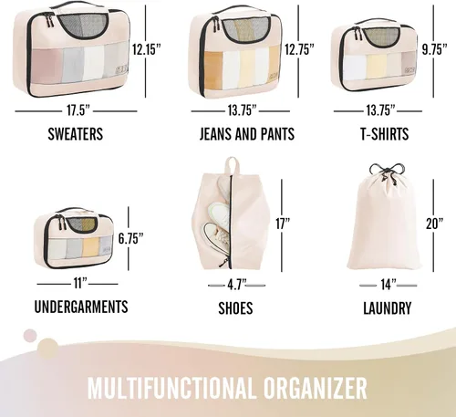 Vista 6 de Veken - Juego de 6 cubos de embalaje para maletas, bolsas organizadoras de viaje para equipaje de mano, juego de bolsas organizadoras de maleta