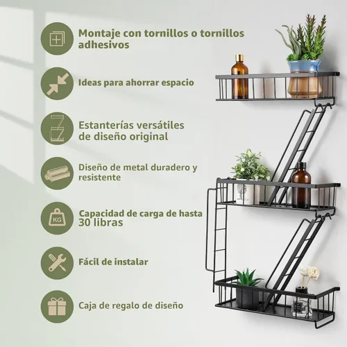 Vista 4 de SweetSage Estante de Pared para Salida de Emergencia - Estante Decorativo de Escalera de Nueva York, Estante Flotante de Arte de Pared en Metal Negro