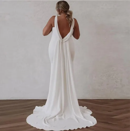 Vista 4 de SHANDUO - Vestido de novia con cuello en V, estilo bohemio, con tirantes delgados, sirena de satén, vestido de noche con cola