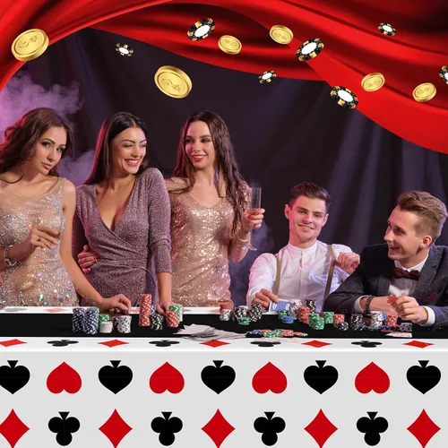 Vista 6 de Hosuly 3 piezas de decoración de fiesta temática de casino, mantel de póquer de plástico desechable, mantel temático de casino para juegos Negro