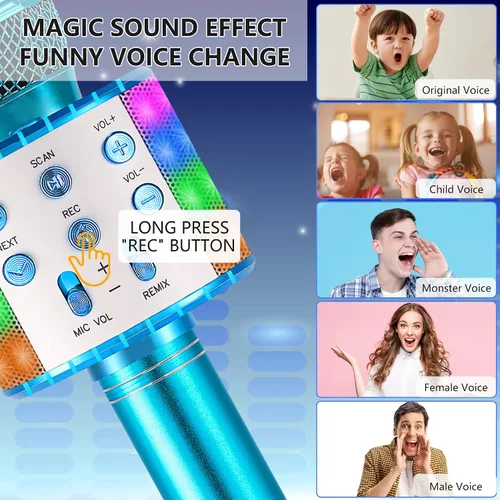 Vista 3 de Micrófono de karaoke para niños, inalámbrico Bluetooth portátil de mano, micrófono de karaoke para cantar, con luces LED, regalo para niñas, niños