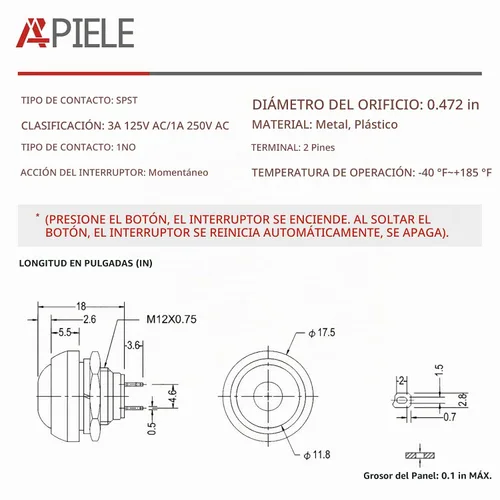 Vista 2 de APIELE Interruptor de botón momentáneo de 0.472 in Mini interruptor redondo impermeable 1A 250V AC SPST NO 2 Pin PBS-33B con cable pre-soldado 6