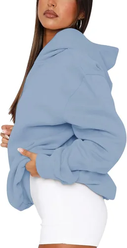 Vista 2 de PRETTODAY Sudadera con capucha de gran tamaño para mujer, sudadera casual de manga larga, color liso, suelta