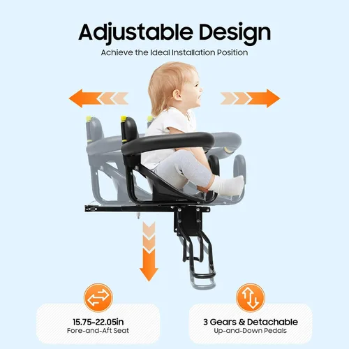 Vista 4 de Asiento de bicicleta para niños, silla de bicicleta para niños, asiento seguro retráctil montado en la parte delantera, para niños de 1 a 5 años