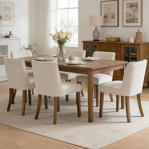 Vista 3 de Mid-Century - Juego de 6 sillas de comedor de tela de lino blanco sólido con patas de madera de nogal, respaldo acolchado, sillas laterales rústicas