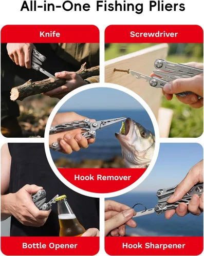 Vista 4 de HOOK-EZE Alicates de pesca plegables, multiherramienta 5 en 1 resistente al agua salada con cortadores de línea de tungsteno, removedor de ganchos
