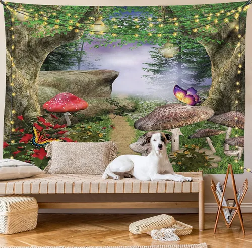 Vista 8 de Ambesonne Tapiz de hongos, camino de la naturaleza encantada, mariposas, paisaje, rocas, decoración para colgar en la pared para dormitorio, sala