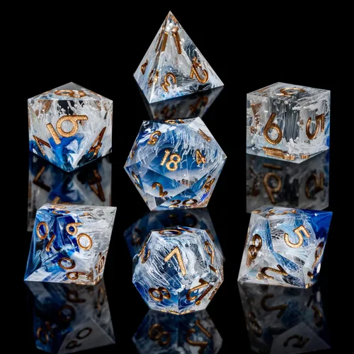 Vista 2 de ARUOHHA - Juego de dados azules de resina DND de 7 piezas, juego de dados translúcidos hechos a mano para RPG, juego de dados poliédricos de borde