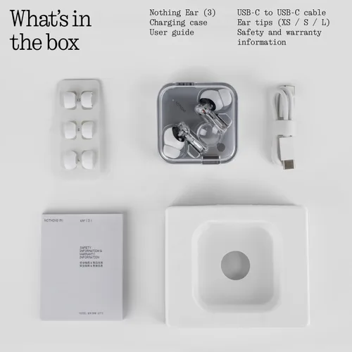 Vista 10 de Nothing Ear (3) Auriculares inalámbricos Super Mic 45dB Cancelación activa de ruido híbrida Bluetooth Auriculares Hi-Res 6 micrófonos, refuerzo