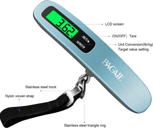 Vista 2 de BAGAIL Báscula digital de equipaje, báscula de equipaje colgante de 110 libras con pantalla LCD retroiluminada, báscula de pesaje portátil