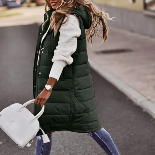 Vista 2 de Long Hooded Puffer Vest For Women Plus Size Zipper Down Jacket Coat Casual Fashion Winter Cotton Padded Long Waistcoat