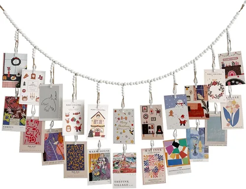 Vista 7 de Exhibidor de fotos para colgar con 22 clips, guirnalda de cuentas de madera, decoración de marco de collage estilo boho para dormitorios, aulas