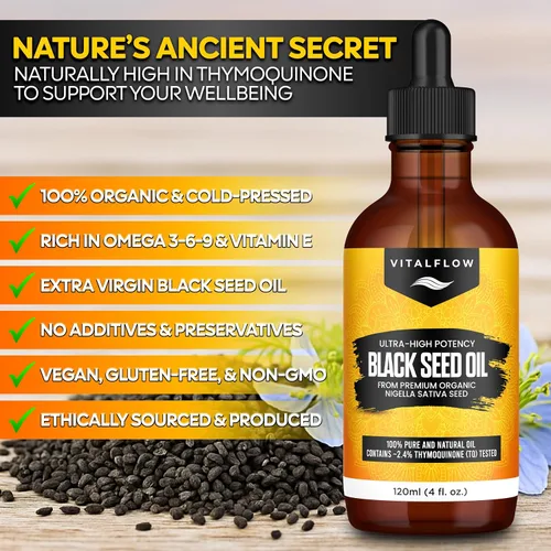 Vista 3 de VITALFLOW Aceite de semilla negra orgánica de 4.1 fl oz 100% puro y natural prensado en frío Contenido de timoquinona ultra alto Para