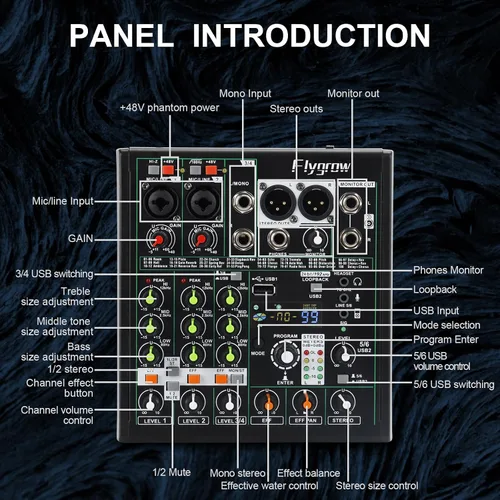 Vista 8 de Mezclador de audio de 6 canales, mezclador de DJ, luz de respiración RGB, 99 efectos DSP, interfaz de audio USB, Bluetooth fantasma de 48 V, alta