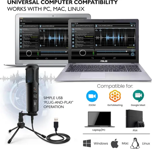 Vista 5 de JOVIAL Micrófono condensador de grabación USB para PC, LED azul, ganancia ajustable, conector para auriculares, control de silencio, soporte