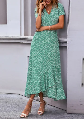 Vista 7 de PRETTYGARDEN - Vestido largo de verano cruzado para mujer, con cuello en V, estilo bohemio, floral, manga corta, dobladillo con volantes