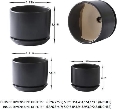 Vista 2 de Yishang Macetas suculentas de cerámica esmaltada de 6.7 + 5.3 + 4.1 pulgadas con platillos conectados, macetas redondas de cerámica modernas Mate
