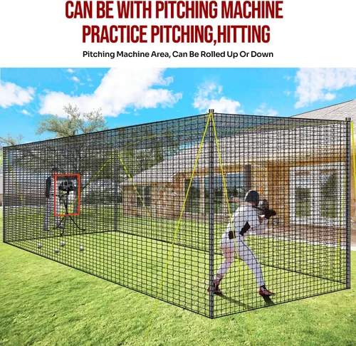 Vista 4 de PLAYAPUT Jaula de bateo portátil de béisbol y sóftbol, 22 pies x 12 pies x 8 pies, red de bateo con agujero para máquina de lanzar, puerta