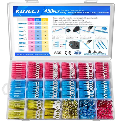 Vista 17 de Kuject 90 piezas conectores de alambre termorretráctiles, kit de terminales de cable eléctrico impermeables multiusos, conectores de crimpado