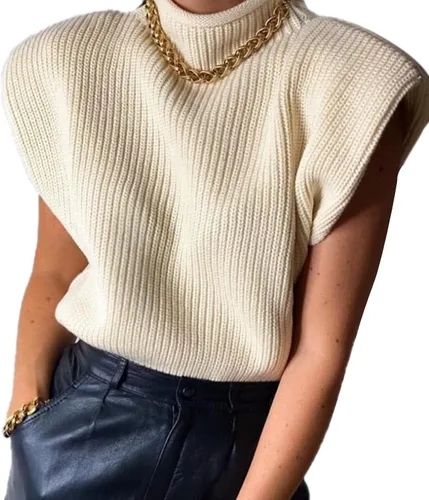 Vista 2 de Suéter de cuello alto para mujer, con almohadilla para el hombro, sin mangas, suéter de punto