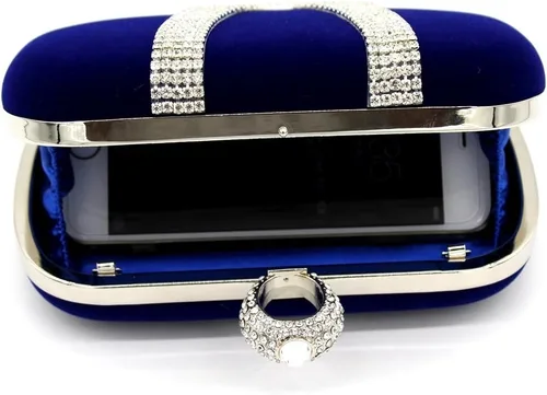 Vista 4 de Bolso de noche con cierre de anillo de cristal de diamantes de imitación para fiesta de boda, Azul