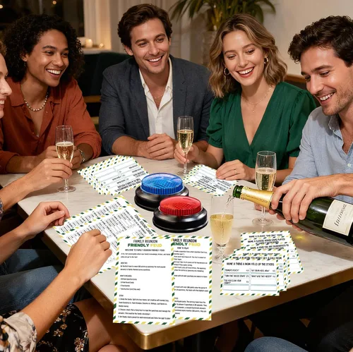 Vista 4 de Juego de Cartas Feud Familiar con 2 Timbres de Respuesta, Diversión de Noche de Juegos de Reunión Familiar Trivia para Fiestas de Reuniones