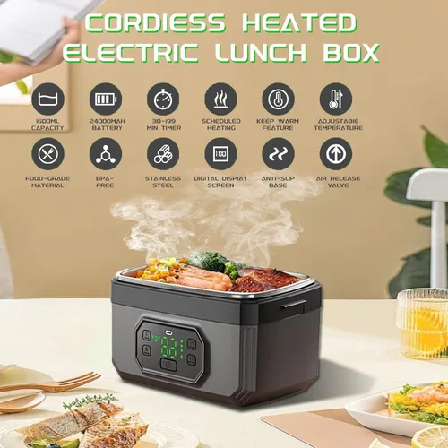 Vista 2 de Fiambrera eléctrica para adultos – Fiambrera eléctrica inalámbrica de 1.6 L, 24000 mAh con batería calentada, calefacción de 5 lados y reserva
