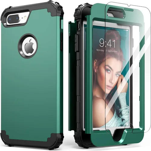 Vista 18 de IDweel Funda para iPhone 8 Plus, Funda para iPhone 7 Plus con Protector de Pantalla de Vidrio Templado, 3 en 1 Resistente a Golpes Delgada Híbrida