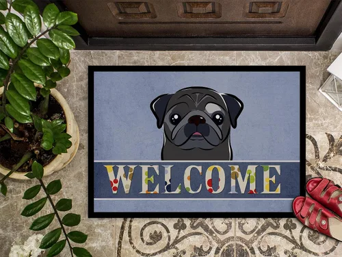 Vista 3 de Caroline's Treasures BB1449JMAT - Tapete de bienvenida de carlino negro, 24 x 36 pulgadas, tapete azul para puerta delantera, para interiores y Pug