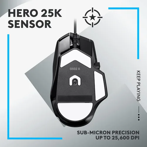 Vista 4 de Logitech G Mouse para juegos con cable 502 X LIGHTFORCE - Interruptores primarios óptico-mecánicos híbridos, sensor de juego HERO 25K, compatible