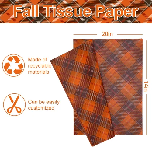 Vista 2 de Whaline 60 hojas de papel de seda a cuadros retro naranja marrón a cuadros decorativos para otoño, fiesta de Acción de Gracias, manualidades, 14 x